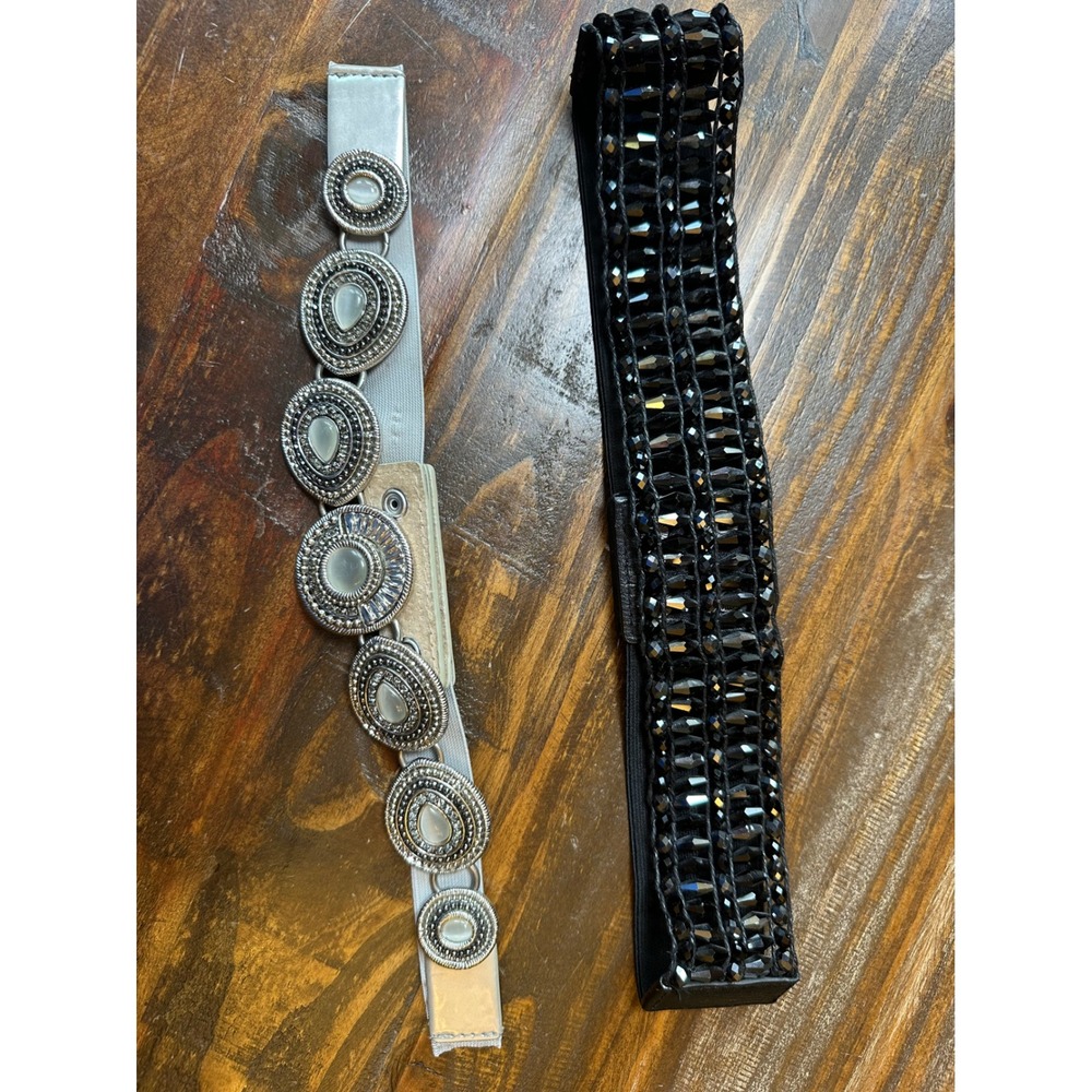 Set of 2 Women Elastic Cinch Belts Black Beaded & Silver Medallion Boho Retro - Picture 3 of 13